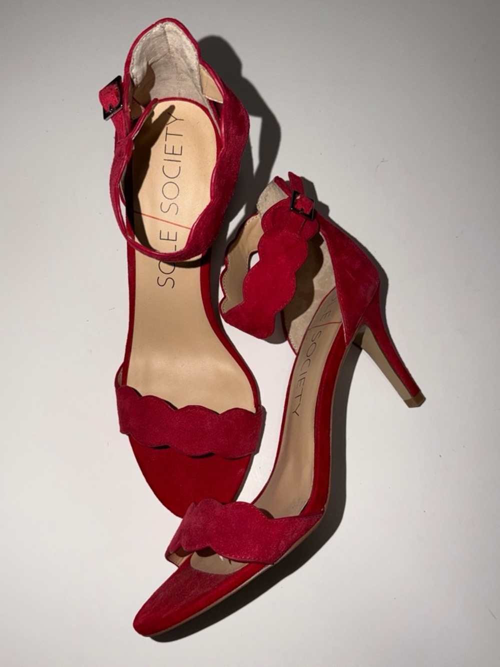 Sole Society Red Scalloped Suede Ankle-Strap Heels